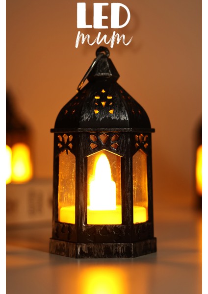 LED Mum Retro Sokak Lambası Tip Dumansız Pilli Alevli Dekoratif Yapay Mum Işıldak Gümüş 1036-5