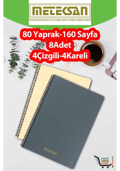 8 Adet A4 Ebat 80 YAPRAK(160 Sayfa) Spiralli Plastik Kapaklı Okul Defteri-Meteksan
