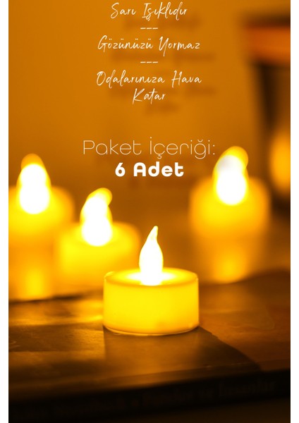 6 Adet LED Mum Tealight Mini Dumansız Pilli Alevli Dekoratif Yapay Mum Işıldak Beyaz 1036-2 modelleri