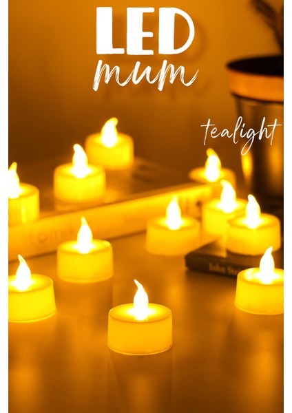 24 Adet LED Mum Tealight Mini Dumansız Pilli Alevli Dekoratif Yapay Mum Işıldak Beyaz 1036-2