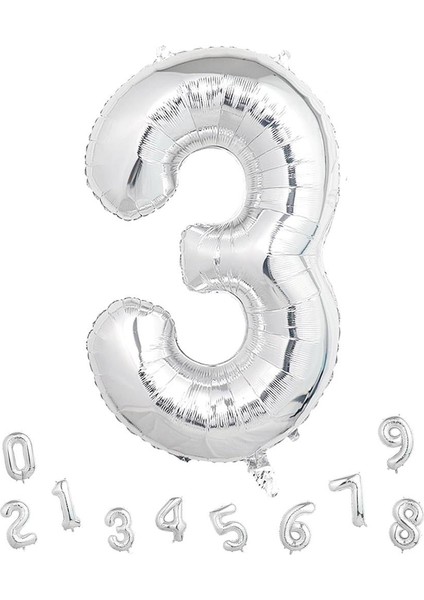 Rakam Folyo Balon 3 Gümüş Renk 80 cm - 32"