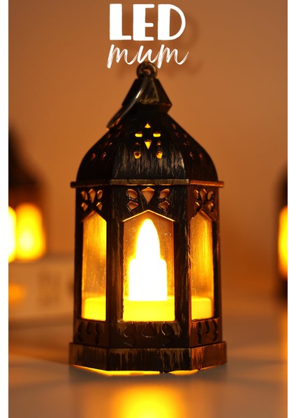 LED Mum Retro Sokak Lambası Tip Dumansız Pilli Alevli Dekoratif Yapay Mum Işıldak Bakır 1036-5