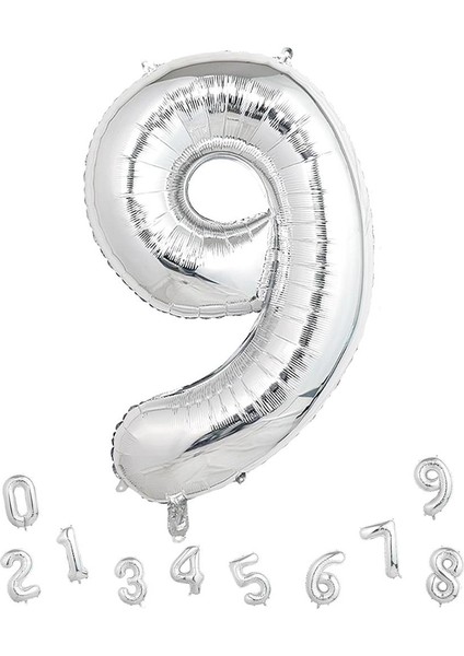 Rakam Folyo Balon 9 Gümüş Renk 80 cm - 32"