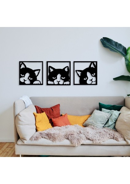 3'lü Kedi Tablo Duvar Dekorasyon Lazer Kesim Her Biri 25x24 Cm