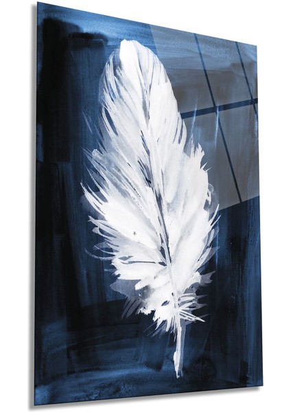 Mavi Zeminli Beyaz Tüy Dikey Cam Tablo, Ev ve Ofis Duvar Dekoru, Lüks Hediyelik, Kırılmaz Çizilmez
