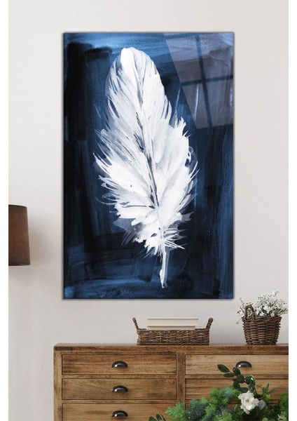 Mavi Zeminli Beyaz Tüy Dikey Cam Tablo, Ev ve Ofis Duvar Dekoru, Lüks Hediyelik, Kırılmaz Çizilmez fiyatları