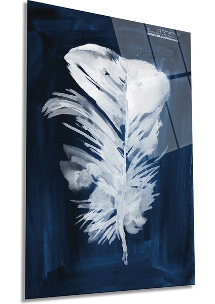 Mavi Fonda Beyaz Tüy Dikey Cam Tablo, Ev ve Ofis Duvar Dekoru, Lüks Hediyelik, Kırılmaz Çizilmez