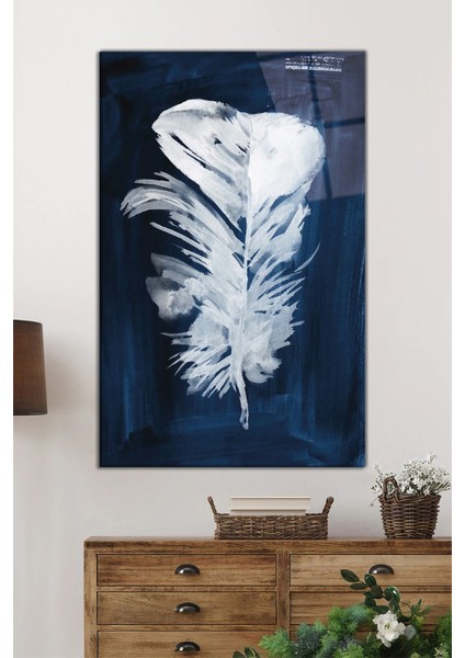 Mavi Fonda Beyaz Tüy Dikey Cam Tablo, Ev ve Ofis Duvar Dekoru, Lüks Hediyelik, Kırılmaz Çizilmez fiyatları
