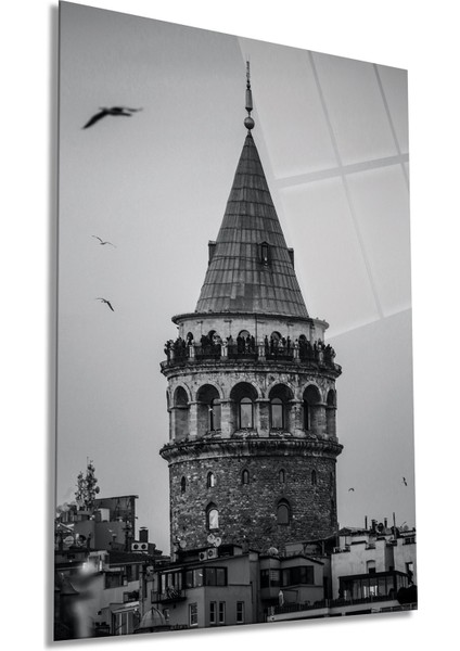 Siyah Beyaz Galata Kulesi Dikey Cam Tablo, Ev Ofis Duvar Dekoru, Lüks Hediyelik, Kırılmaz Çizilmez