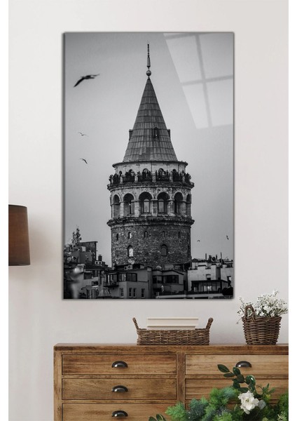 Siyah Beyaz Galata Kulesi Dikey Cam Tablo, Ev Ofis Duvar Dekoru, Lüks Hediyelik, Kırılmaz Çizilmez fiyatları