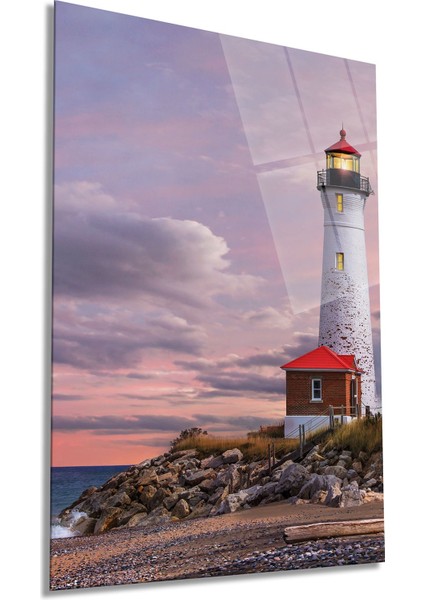 Ev ve Deniz Feneri Dikey Cam Tablo, Ev ve Ofis Duvar Dekoru, Lüks Hediyelik, Kırılmaz Çizilmez