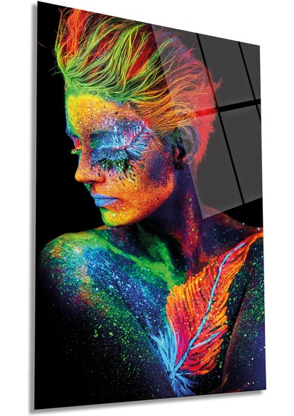 Renkli Kadın Portre Dikey Cam Tablo, Ev ve Ofis Duvar Dekoru, Lüks Hediyelik, Kırılmaz Çizilmez