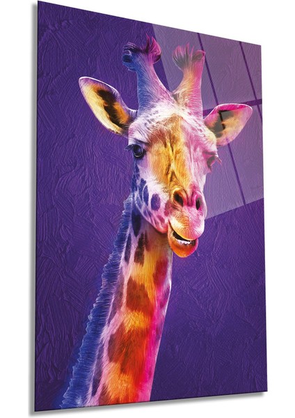 Rengarenk Zürafa Portresi Dikey Cam Tablo, Ev Ofis Duvar Dekoru, Lüks Hediyelik, Kırılmaz Çizilmez