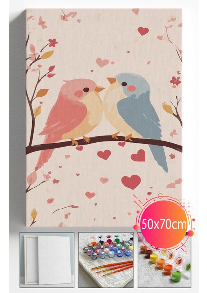 Sayılarla Boyama Seti Numaralı Tuval Fırça Boya Dahil Kasnaklı Set 50X70 cm - Sevgili Kuşlar