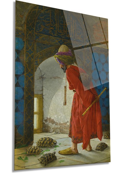 Osman Hamdi Bey Kaplumbağa Terbiyecisi Dikey Cam Tablo, Ev ve Ofis Duvar Dekoru, Lüks Hediyelik
