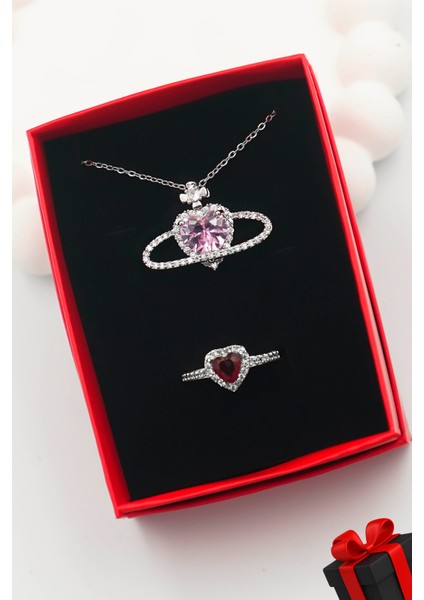 Kadın Paslanmaz Çelik Gümüş Zirkon Taşlı Satürn Kolye ve Yüzük Set (Kutulu)