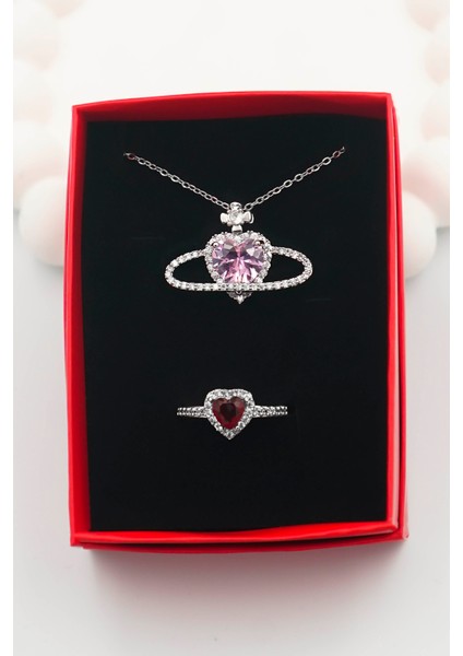 Kadın Paslanmaz Çelik Gümüş Zirkon Taşlı Satürn Kolye ve Yüzük Set (Kutulu) fiyatları