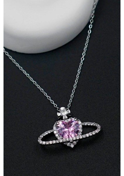 Kadın Paslanmaz Çelik Gümüş Zirkon Taşlı Satürn Kolye ve Yüzük Set (Kutulu) modelleri