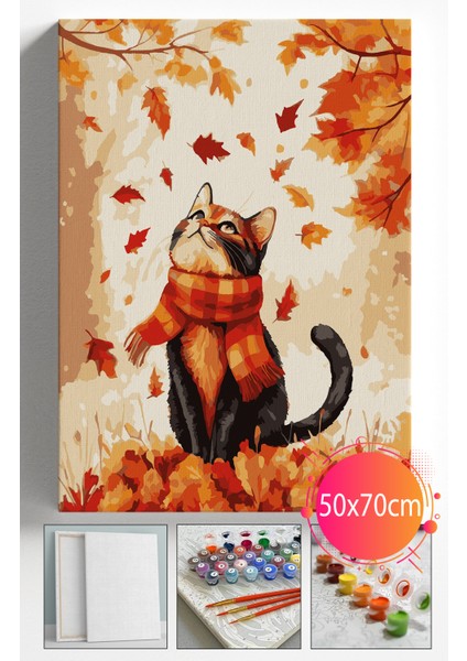 Sayılarla Boyama Seti Numaralı Tuval Fırça Boya Dahil Kasnaklı Set 50X70 cm - Sonbahar Kedi