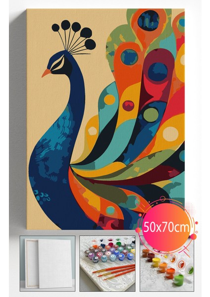 Sayılarla Boyama Seti Numaralı Tuval Fırça Boya Dahil Kasnaklı Set 50X70 cm - Tavus Kuşu