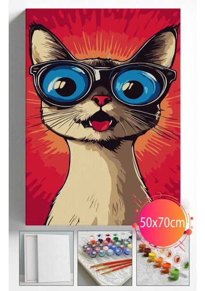 Sayılarla Boyama Seti Numaralı Tuval Fırça Boya Dahil Kasnaklı Set 50X70 cm -Şaşkın Gözlüklü Kedi