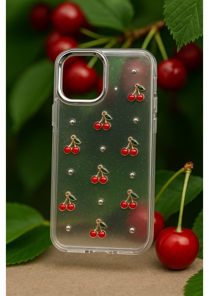 iPhone 16 Kılıf Kiraz Desenli Şeffaf Simli Gümüş Kamera Çıkıntılı Parlak Kapak