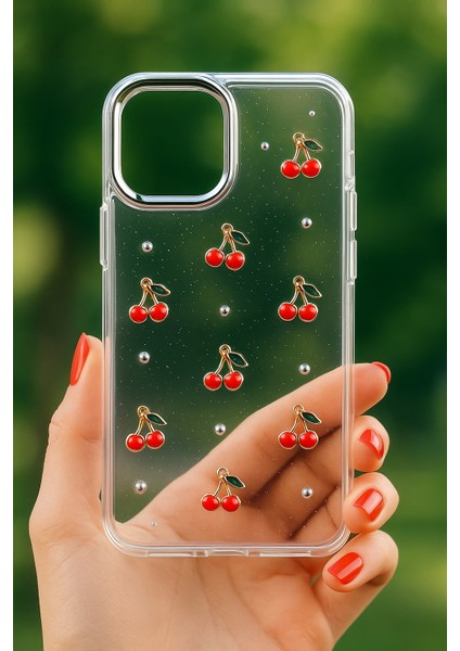 iPhone 16 Kılıf Kiraz Desenli Şeffaf Simli Gümüş Kamera Çıkıntılı Parlak Kapak fiyatları