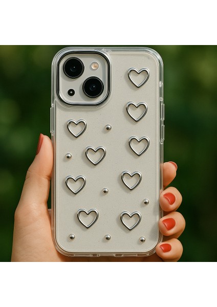 iPhone 13/14 Kılıf Kalp Desenli Şeffaf Simli Gümüş Kamera Çıkıntılı Parlak Kapak modelleri