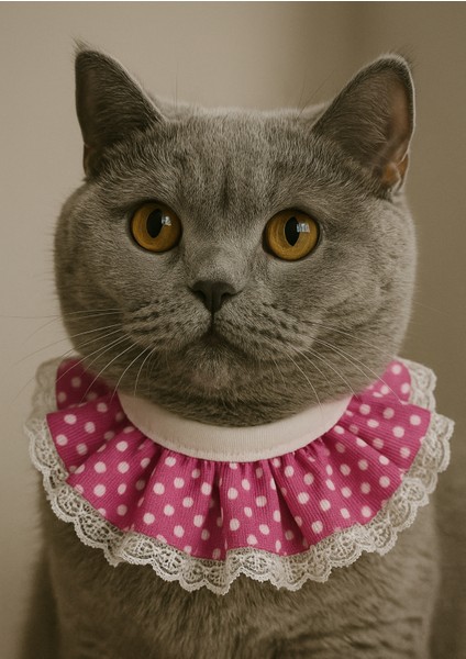 Kedi Prenses Yaka Tasma Pembe Puantiyeli Dantelli
