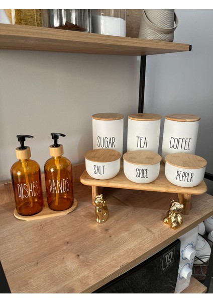 6'lı Bambu Stant'lı Baharat Kavanoz Seti - Bambu Stant'lı Sıvı Sabunluk Seti