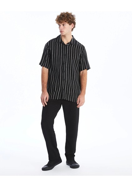 Xsıde Siyah Regular Fit Kısa Kollu Çizgili Viskon Erkek Gömlek fiyatları