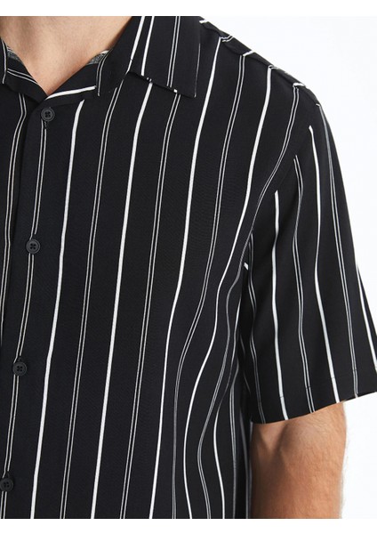 Xsıde Siyah Regular Fit Kısa Kollu Çizgili Viskon Erkek Gömlek modelleri