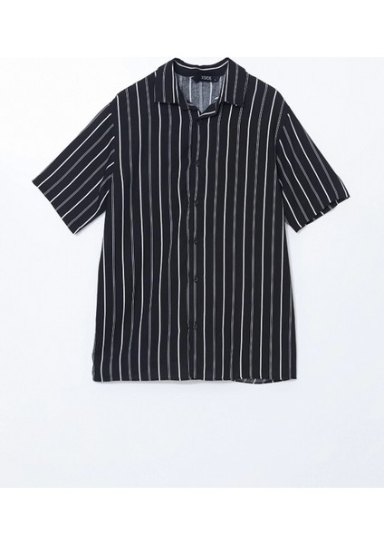 Xsıde Siyah Regular Fit Kısa Kollu Çizgili Viskon Erkek Gömlek indirimleri