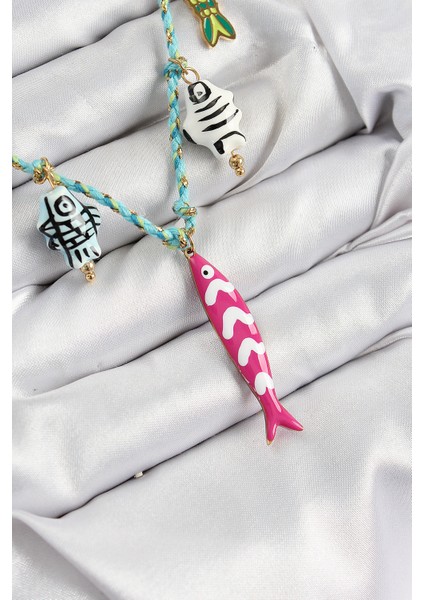 Seramik Motifli Pembe Balık Figürlü Model Mavi Ip Kadın Kolye - EBJ250726W36928