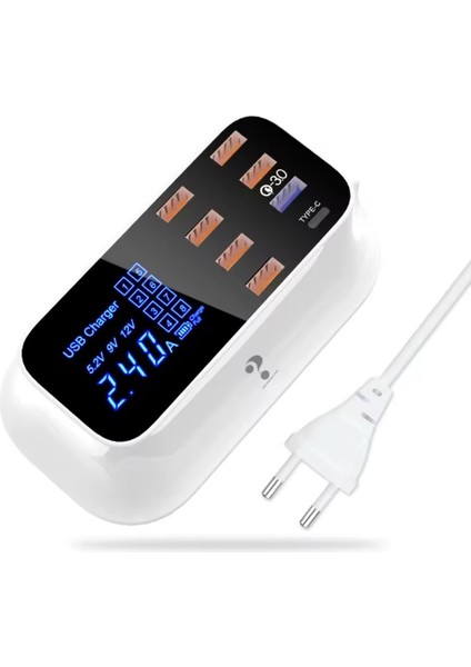 Doolike 8 Port USB Hızlı Şarj Cihazı Qc 3.0 + Type-C Amper ve Voltaj Göstergeli Akım Korumalı Şarj Istasyonu