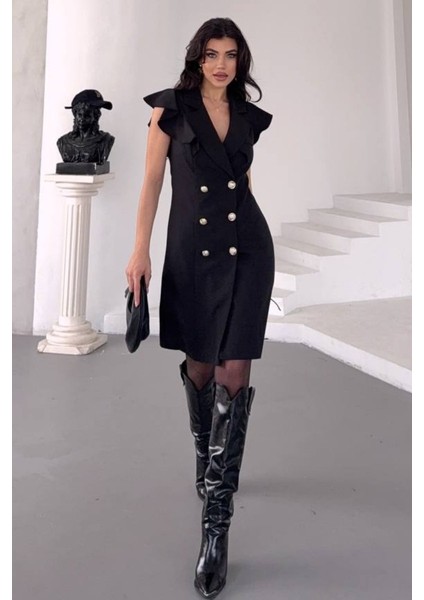 Kadın Elbise Kısa Kruvaze Yaka Volan Kol Fırfırlı Düğme Detaylı Ceket Elbise fiyatları