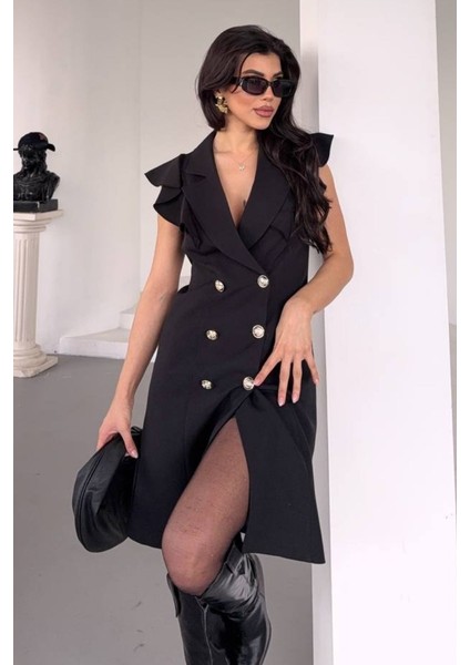 Kadın Elbise Kısa Kruvaze Yaka Volan Kol Fırfırlı Düğme Detaylı Ceket Elbise modelleri
