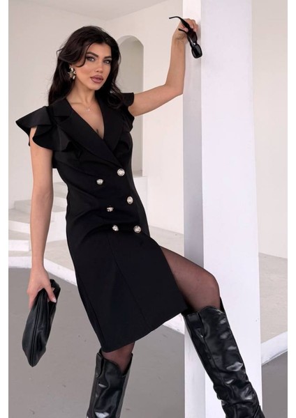Kadın Elbise Kısa Kruvaze Yaka Volan Kol Fırfırlı Düğme Detaylı Ceket Elbise fırsatları