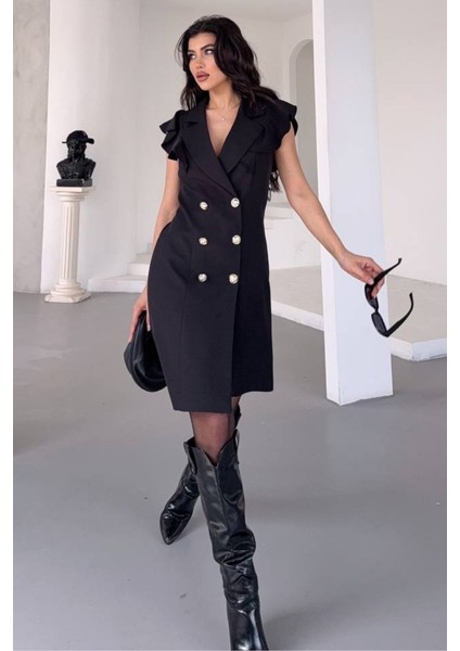 Kadın Elbise Kısa Kruvaze Yaka Volan Kol Fırfırlı Düğme Detaylı Ceket Elbise