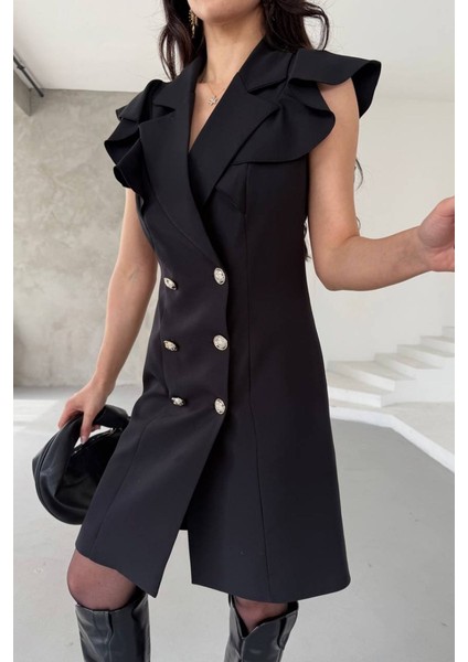 Kadın Elbise Kısa Kruvaze Yaka Volan Kol Fırfırlı Düğme Detaylı Ceket Elbise
