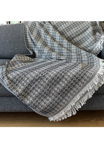 Ilmeki Siyah Renk Destina Koltuk Örtüsü / Yatak Örtüsü / Pike – 170X210 cm – %100 Geri Dönüştürülmüş Iplik – Şık ve Doğal Dokuma – Normal Saçaklı modelleri