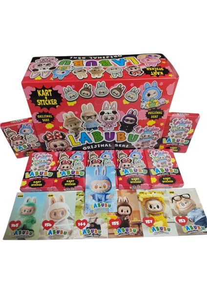 Labubu Oyun Kağıtları (48 Minik Kutu 288 Adet Karakter Kartı 48 Adet Karakter Sticker) Labubu modelleri