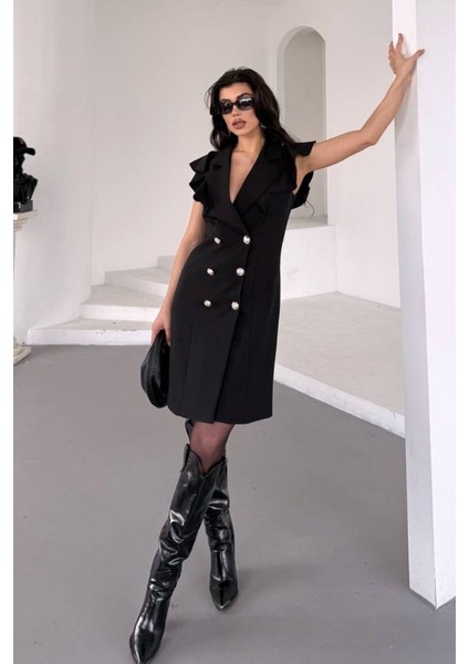 Kadın Elbise Kısa Kruvaze Yaka Volan Kol Fırfırlı Düğme Detaylı Ceket Elbise