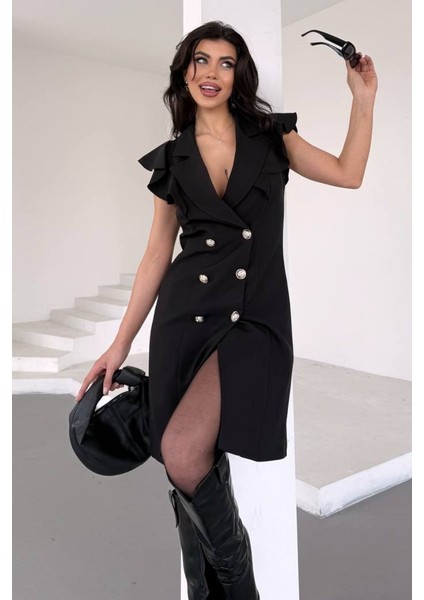 Kadın Elbise Kısa Kruvaze Yaka Volan Kol Fırfırlı Düğme Detaylı Ceket Elbise indirimleri