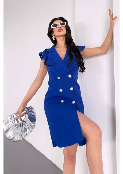 Kadın Elbise Kısa Kruvaze Yaka Volan Kol Fırfırlı Düğme Detaylı Ceket Elbise