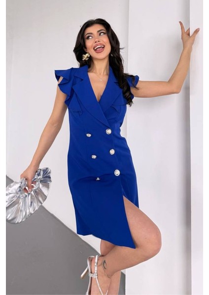 Kadın Elbise Kısa Kruvaze Yaka Volan Kol Fırfırlı Düğme Detaylı Ceket Elbise modelleri