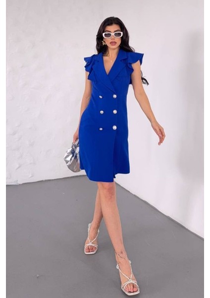 Kadın Elbise Kısa Kruvaze Yaka Volan Kol Fırfırlı Düğme Detaylı Ceket Elbise fırsatları