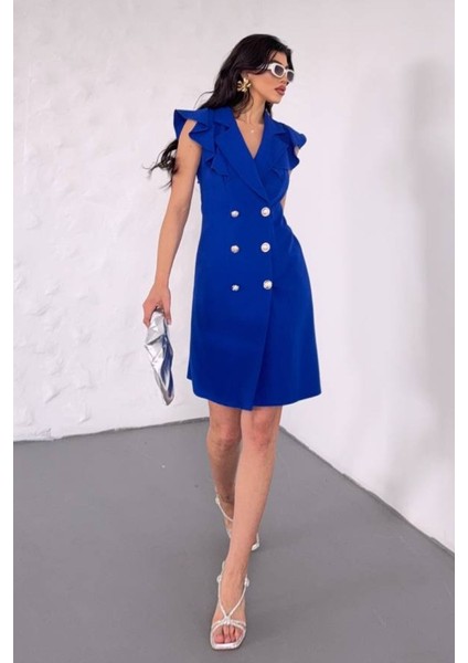 Kadın Elbise Kısa Kruvaze Yaka Volan Kol Fırfırlı Düğme Detaylı Ceket Elbise indirimleri