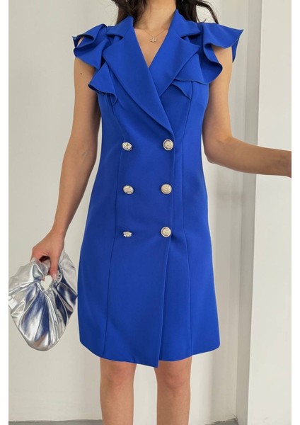 Kadın Elbise Kısa Kruvaze Yaka Volan Kol Fırfırlı Düğme Detaylı Ceket Elbise