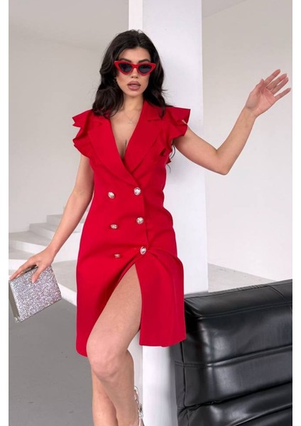 Kadın Elbise Kısa Kruvaze Yaka Volan Kol Fırfırlı Düğme Detaylı Ceket Elbise